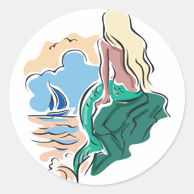 Adesivo Redondo bonito sereia sentada no rock (Frente)