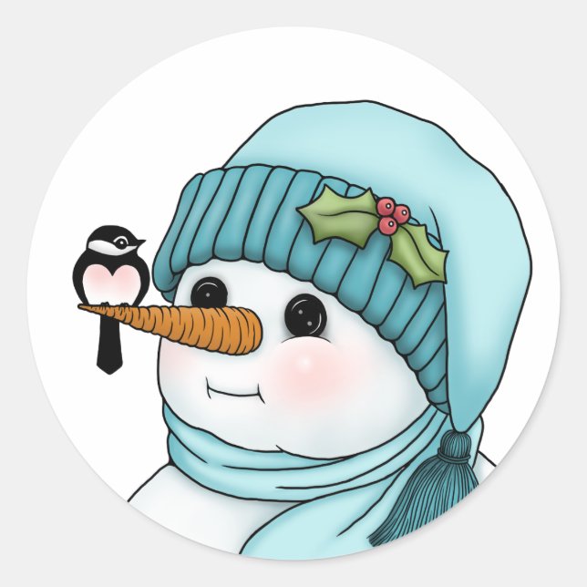 Adesivo Redondo Bonito Snowman com o Chickadee no seu Nariz de Cen (Frente)