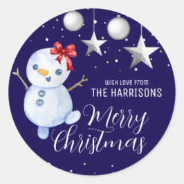 Adesivo Redondo Bonito Snowman de Natal Marinho Azul