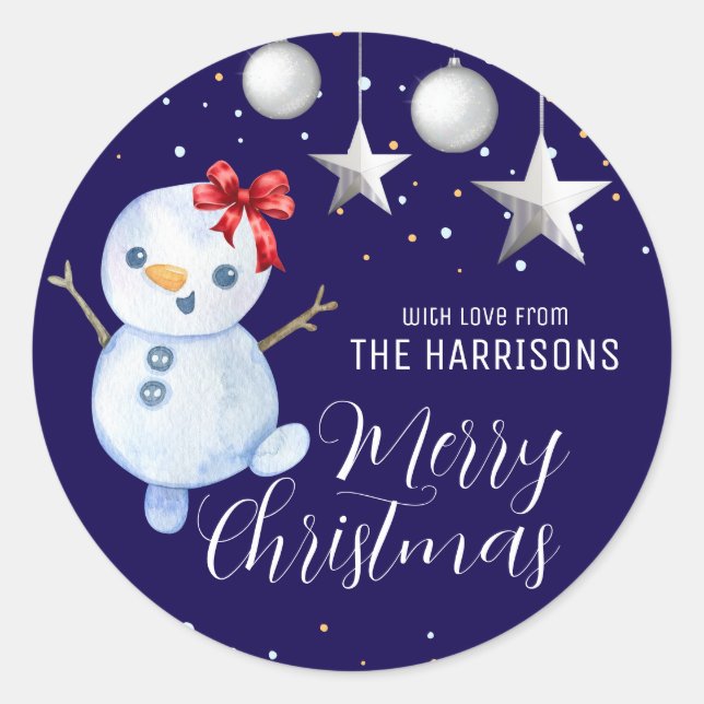Adesivo Redondo Bonito Snowman de Natal Marinho Azul (Frente)