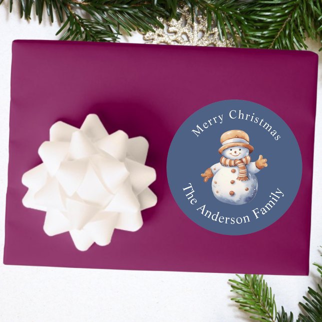 Adesivo Redondo Bonito Snowman, Elegante Vinheta de Natal Feliz (Criador carregado)