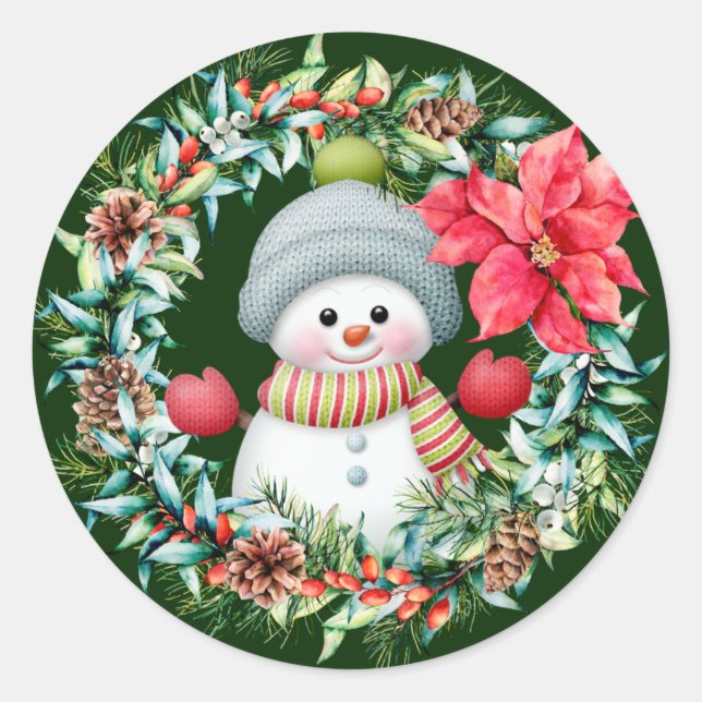 Adesivo Redondo Bonito Snowman Wreath Sticker (Frente)