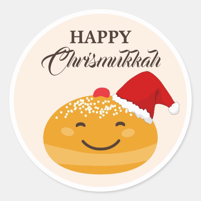 Adesivo Redondo Bonito Sufganiyah, Feliz Natal Judeu Chrismukkah (Frente)