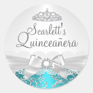 Adesivo Redondo Bonito Tiara e Arco Teal Quinceanera Sticker