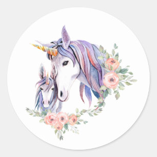 Adesivo Redondo Bonito Unicorn Mãe e Bebê Aquarela Floral