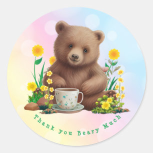 Adesivo Redondo Bonito Urso Floral Obrigado Beary Muito Personaliz