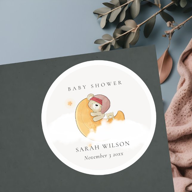 Adesivo Redondo Bonito Urso Rosa Sonolento Sobre Chá de fraldas Mo (Criador carregado)