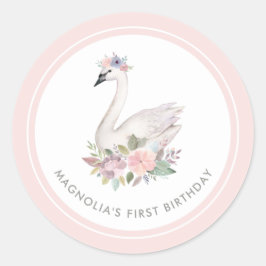 Adesivo Redondo Bonito Watercolor Floral Swan Princess Birthday