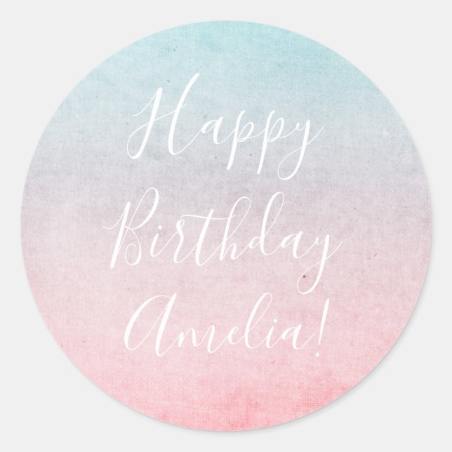 Adesivo Redondo Bonito Watercolor Happy Birthday Name Aqua (Frente)