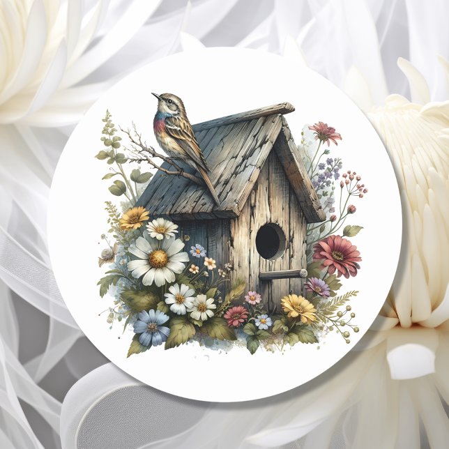 Adesivo Redondo Bonito Watercolor Rustic Birdhouse e Bird (Criador carregado)