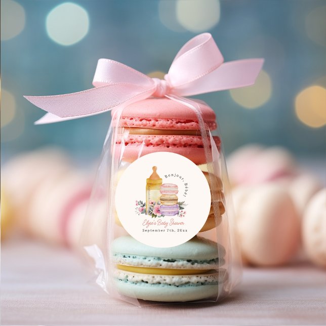 Adesivo Redondo Bonjour Bébé French Macarons & milk Chá de fraldas (Criador carregado)
