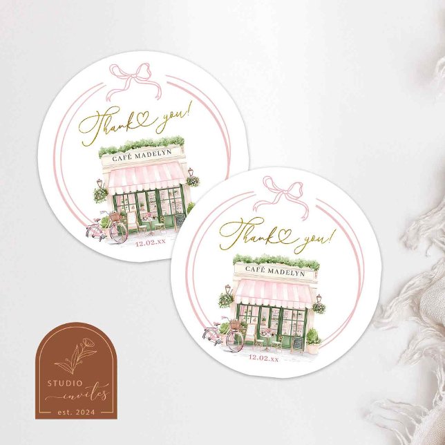 Adesivo Redondo Bonjour bébé Pink Café da Física Obrigado Stickers (Criador carregado)