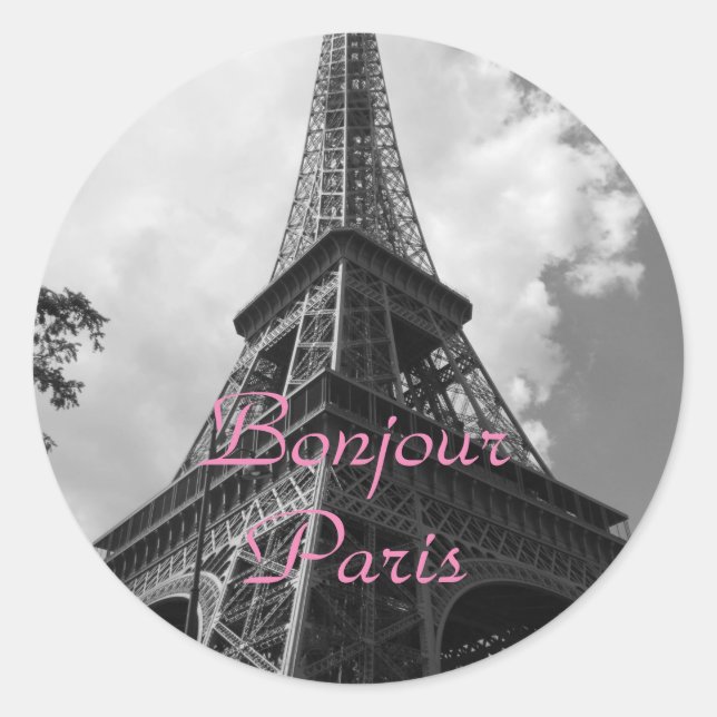 Adesivo Redondo Bonjour Paris Black White Eiffel Tower France (Frente)