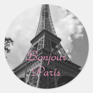 Adesivo Redondo Bonjour Paris Preto e Branco Torre Eiffel França