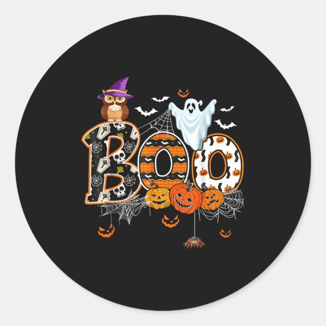 Adesivo Redondo Boo Creepy Owl Pumpkin Ghost Halloween Men Women K (Frente)
