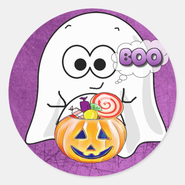 Adesivo Redondo Boo Cute Black and Purple Ghost Halloween Stickers (Frente)
