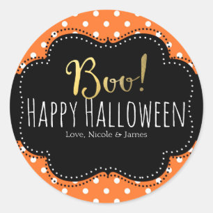 Adesivo Redondo BOO! Favor de Halloween com Pontos Orange e Branco
