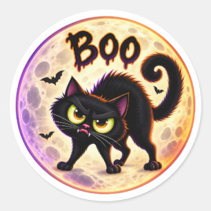 Adesivo Redondo Boo! Gato Preto Mal-Humorado e Lua Cheia de Hallow