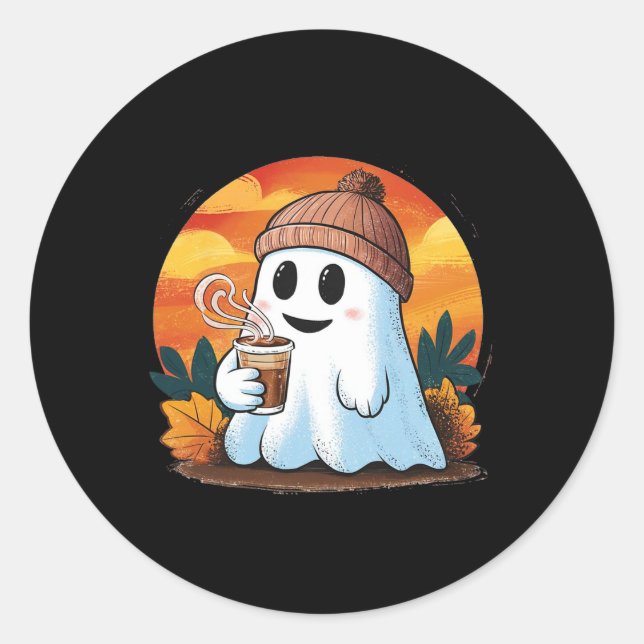 Adesivo Redondo Boo Ghost Bebendo Café Halloween Mulher (Frente)