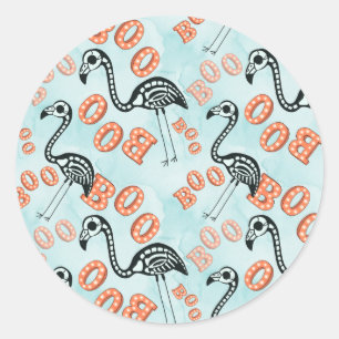 Adesivo Redondo Boo Halloween Flamingo Skeleton