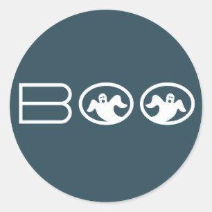 Adesivo Redondo Boo-Halloween-Stickers, Azul e Branco