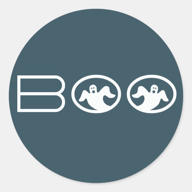 Adesivo Redondo Boo-Halloween-Stickers, Azul e Branco (Frente)