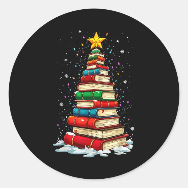 Adesivo Redondo Book Christmas Tree Book Lover Teacher Librarian  (Frente)