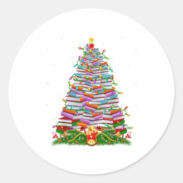 Adesivo Redondo Book Christmas Tree Lights Book Lover Teacher Libr (Frente)