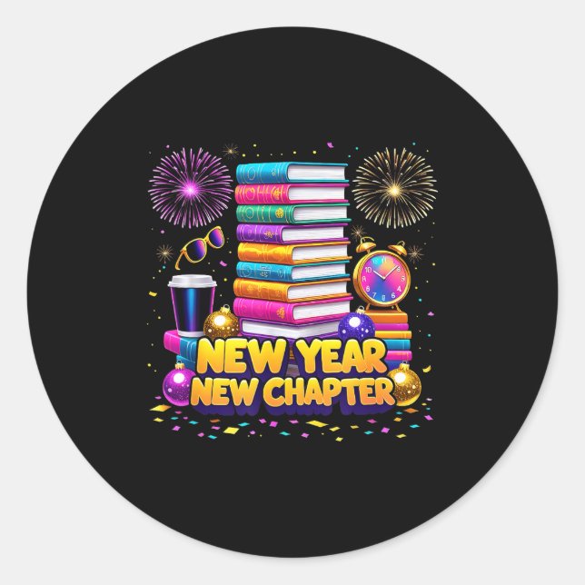 Adesivo Redondo Book Lovers Happy New Year Chapter 2026 Bookworm F (Frente)