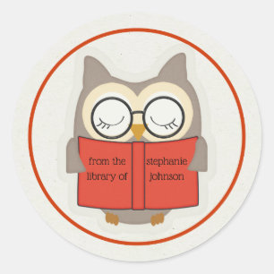 Adesivo Redondo Bookish Owl Red-Taupe-White Bookplate