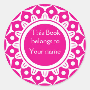 Adesivo Redondo Bookplates personalizados costume - rosa e branco