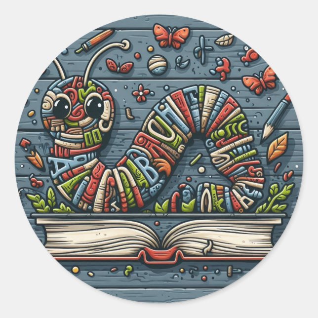 Adesivo Redondo Bookworm - Arte de Palavra Bela (Frente)