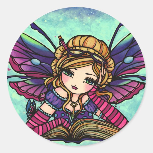 Adesivo Redondo Bookworm Fairy Library Fantasy Art Stickers (Frente)