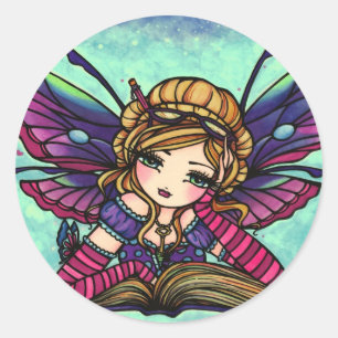 Adesivo Redondo Bookworm Fairy Library Fantasy Art Stickers