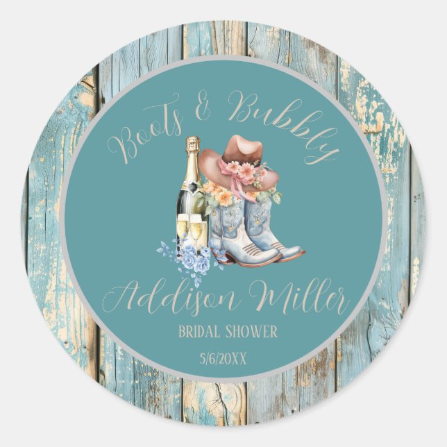 Adesivo Redondo Boots & Bubbly Watercolor Chá de Noiva  (Frente)