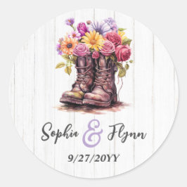 Adesivo Redondo Boots & Casamento de madeira com Fazenda Floral de