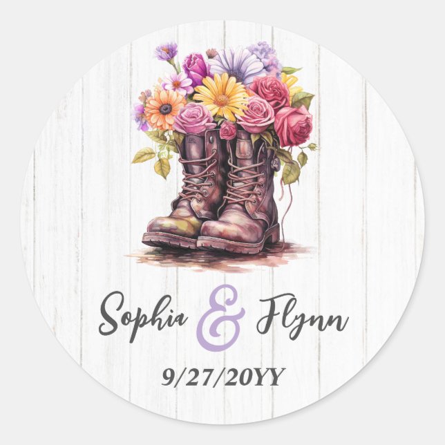 Adesivo Redondo Boots & Casamento de madeira com Fazenda Floral de (Frente)
