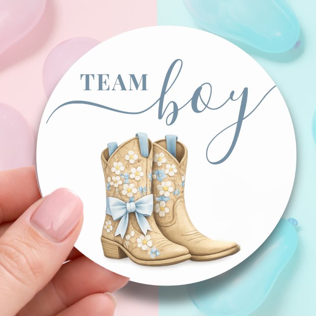 Adesivo Redondo Boots or Bows Gender Reveal Blue Team Boy (Criador carregado)