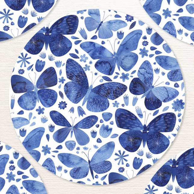 Adesivo Redondo Borboleta Aquarela Azul (Pretty blue and white watercolor butterfly pattern stickers)