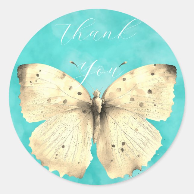 Adesivo Redondo Borboleta azul-clara romântica te obrigado (Frente)