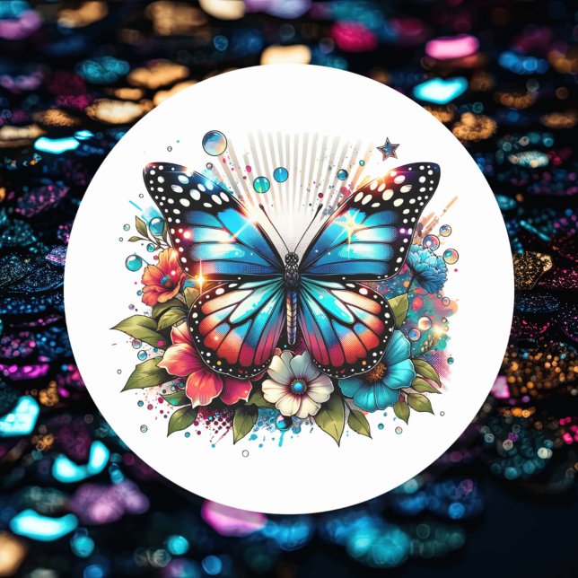 Adesivo Redondo Borboleta azul e flores (Criador carregado)