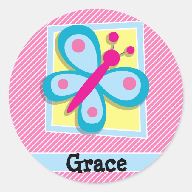 Adesivo Redondo Borboleta Azul em faixas rosa e brancas (Frente)