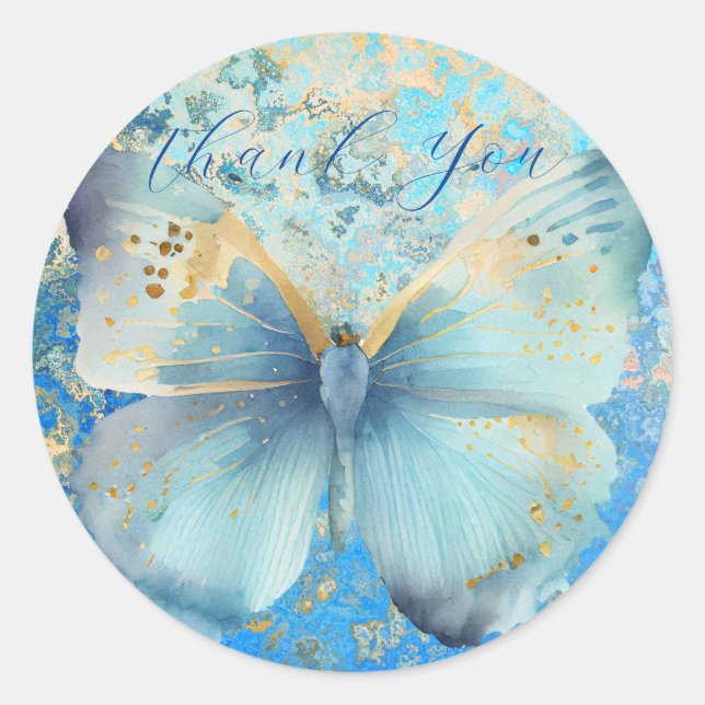 Adesivo Redondo Borboleta azul romântica te obrigado (Frente)