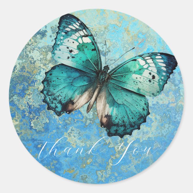 Adesivo Redondo Borboleta azul romântica te obrigado (Frente)