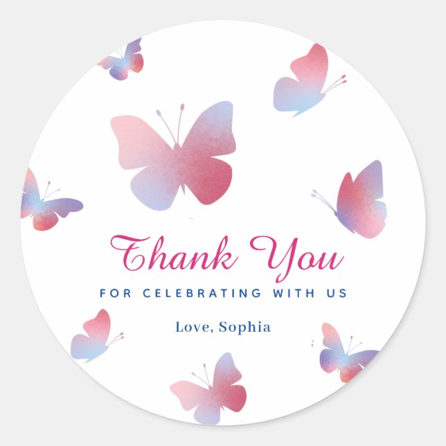 Adesivo Redondo Borboleta Azul Rosa Elegante Aniversário (Frente)