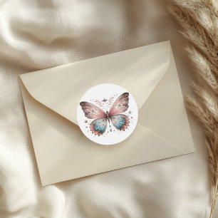 Adesivo Redondo Borboleta Boho em Aquarela Rosa e Azul