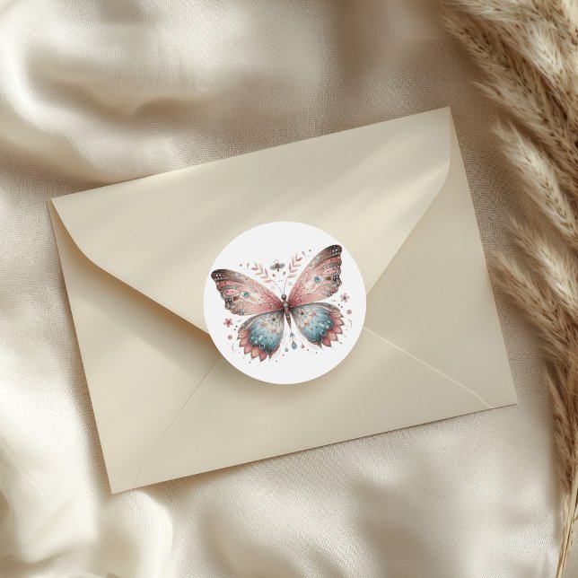 Adesivo Redondo Borboleta Boho em Aquarela Rosa e Azul (Boho Pink & Blue Watercolor Butterfly Classic Round Sticker on an elegant envelope.)