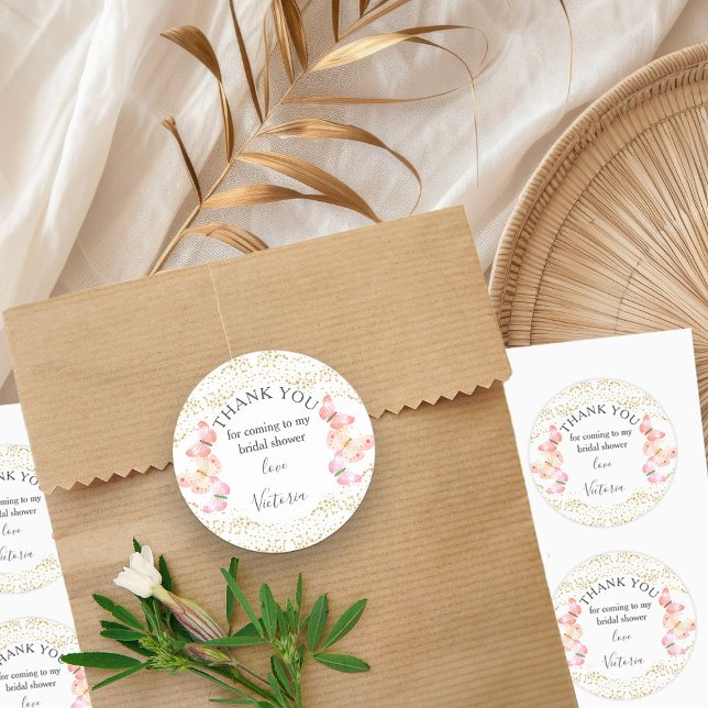 Adesivo Redondo Borboleta Céu Coral Dourado Confetti Obrigado (Editable stickers from my Butterfly Skies collections)