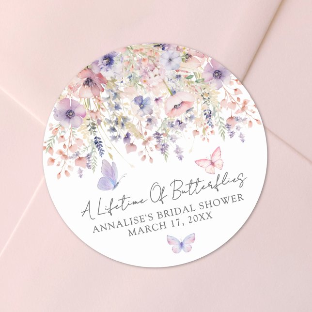 Adesivo Redondo Borboleta Chá de panela de flor selvagem (Butterfly Wildflower Bridal Shower Classic Round Sticker)