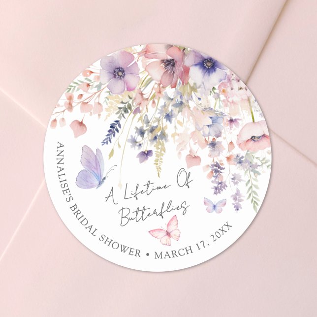 Adesivo Redondo Borboleta Chá de panela de flor selvagem (Butterfly Wildflower Bridal Shower Classic Round Sticker )